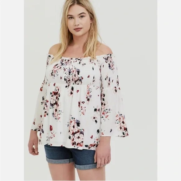 Torrid Top Plus Size Top Floral Blouse Women 1X White Off Shoulder Blouse Smock - Picture 3 of 5